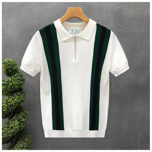 Summer New Men Slim-fit Luxury Knitted Polo Shirt Striped Patchwork T-shirt Casual Zipper Short Sleeve Tops Business Knitwear