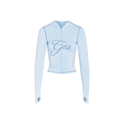 Gia Slim-Fit Letter Print Topstitching Design Hooded Zip-Up Jacket and Pants Set