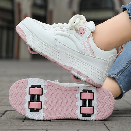 Children's Roller Skates Four-Wheel Wear-Resistant Fashion Leather Breathable Sports Entertainment Wheel Shoes for Kids