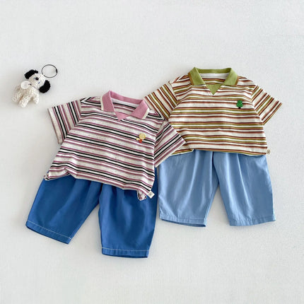2026 Summer 6M-5Y Korean Style Childrens Clothes Contracting Color Stripe Girls Shirt Cartoon Embroidery Polo Shirt