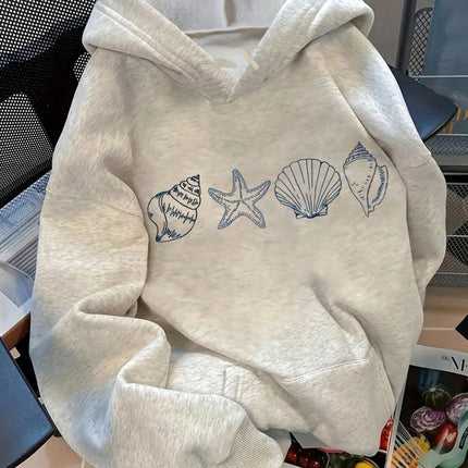 2025 Autumn/Winter Women's Grey Nautical Shell and Starfish Print Hoodie Pullover Shell Logo Soft Casual Wear Fall Clotheswinter