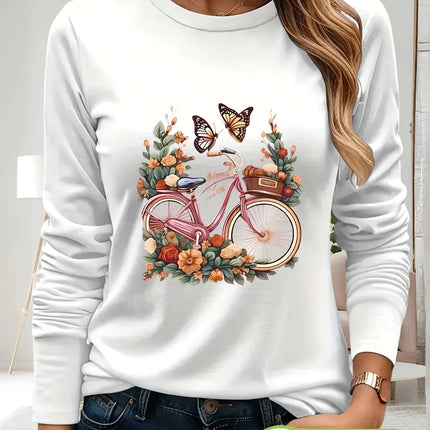 Women's Casual Long Sleeve T-Shirt Black Bicycle & Butterfly Floral Print 100% Cotton Round Neck Top for Spring/Summer