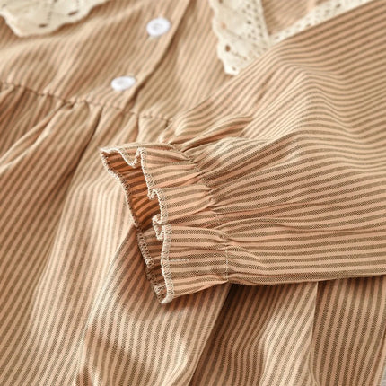 Cute Doll Collar Baby Girls Jumpsuit Autumn Long Sleeved Striped Printed Kids Jumpsuit Korean Version Khaki Children's Clothing