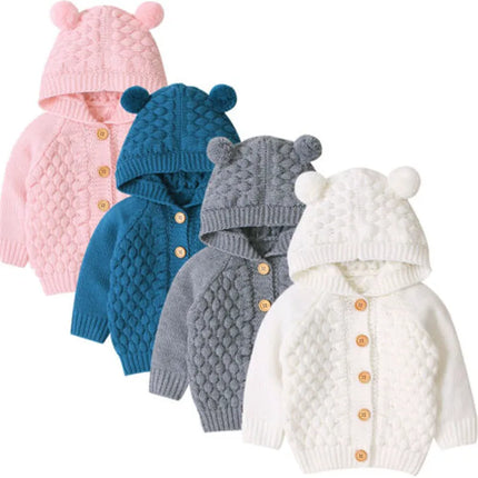0-24months Baby Boys And Girls Solid Color Sweater Coat Long Sleeve Thermal Hooded Knitted Sweater For Infant