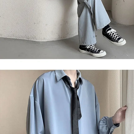 Korean Style Men's Long-sleeved Shirts Black Tie Cozy Casual Solid Oversize Blouses Breathable Loose Shirt Harajuku Male Clothes