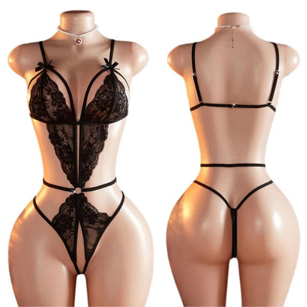 See Through Hot Sell Sexy Lingerie Combination Women Lace Hollow Bodysuit Teddy Babydoll Dress Deep V Open Bra Erotic Underwear