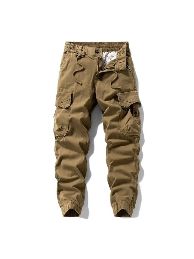 Men Tactical Cargo Joggers Multi Button Pocket Drawstring Waist Pants Vintage Military Outdoor Work Streetwear Casual Trousers