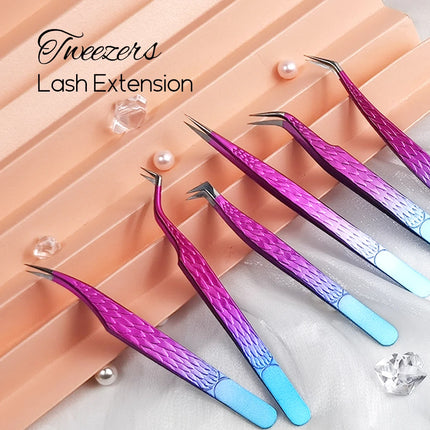 Gemerry Tweezers for Eyelash Extension Colorful Stainless Steel Superhard Fiber Tips High Precision Anti-Static Makeup Tool