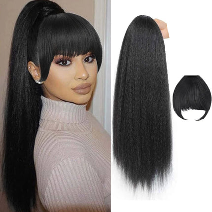 Yaki Drawstring Ponytail Extension with Bangs - Long Yaki Straight Clip in Ponytails Extension for Women Synthetic Hairpiece