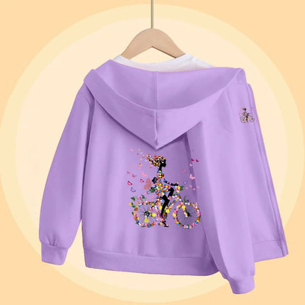 Butterfly Bike Cartoon Sweatshirt for Girls Autumn Long Sleeve Coats Girl Cotton Hoodie with Zipper 5-14T