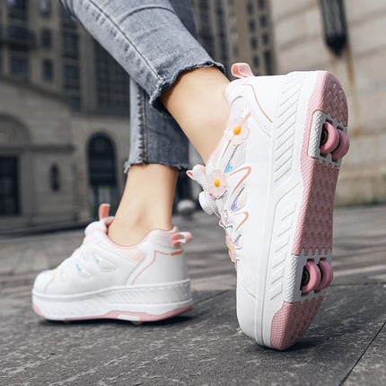 Girls Roller Skates Four-wheel Outdoor Shock-absorbing Casual Sports Shoes Soft Walking Comfortable Flat Wheel Shoes for Kids