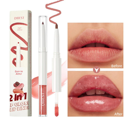 Double Head Mirror Lip Glaze 2 in 1 Lipliner Pen Water Light Lip Gloss Makeup Set Matte Velvet Lip Liner Pencil Contour Cosmetic