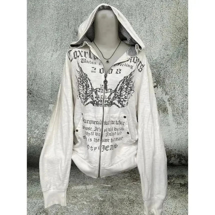 Korean Fashion Sweatshirts Harajuku Gothic Printed Coats Jackets Subculture Vintage Faux Fur Hooded Women Casual Y2k Clothing