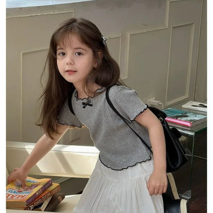 Girls' 1-12Y Korean-Style Knitted Lace-Trimmed Short-Sleeve Summer Ruched Tops: Trendy, Breathable, Bow Tie, Versatile Tee