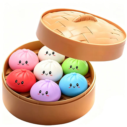 Realistic Colorful Dumpling Squishies with Bamboo Steamer, Ultra Soft and Quick Rebound, Stress Relief Toy, Venting Device