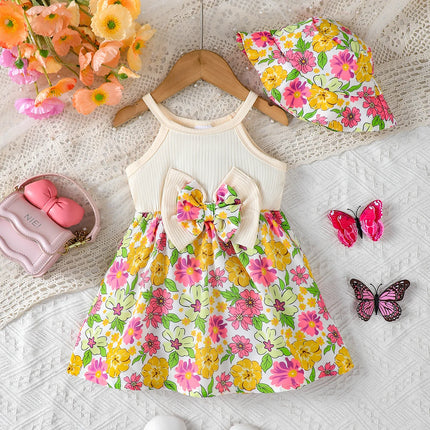 2Pcs Summer Baby girl Dress Maple leaves Bow Dress+Hat Set 0-3 Year Old Baby Girl Summer Beach Vacation Casual Dress