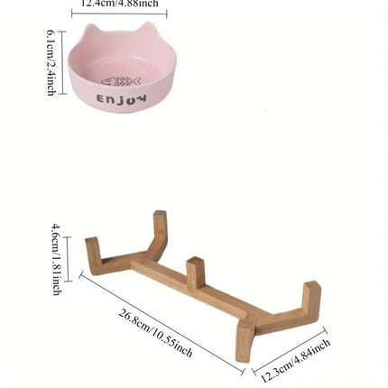 3pcs/set (1pc rack + 2pcs bowl) Non-Slip Ceramic Double Pet Food Bowl for Cats and Dogs - Prevents Spills and Slips