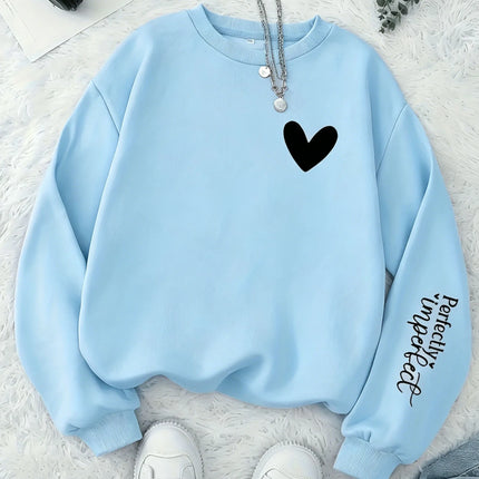 Women Perfectly Imperfect Letter Print Sweatshirt Cute Heart Crew Neck Pullover Casual Soft Fleece Long Sleeve Girls Streetwear