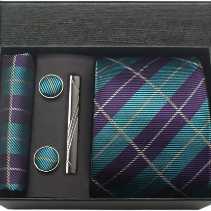 Classic 100% Silk Men's Ties In Gift box 8cm Plaid Dot Striped Business Necktie Handkerchief Cufflinks Wedding Party Tie Set