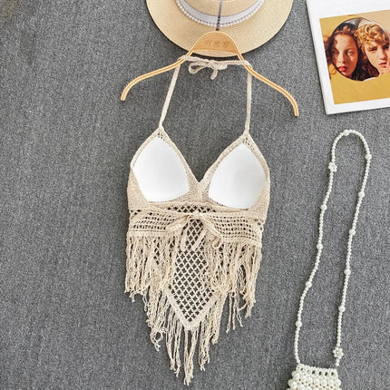 Knitted Tassels Hollow Out Tank Camis for Women Bohemian Style Halter Sleeveless Sexy Femme Corset Crop Tops Beach Tank Camisoles