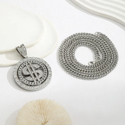 A Trendy Dollar Pendant Necklace with a Unique Style, Featuring a Diamond-Encrusted Dollar Cuban Chain