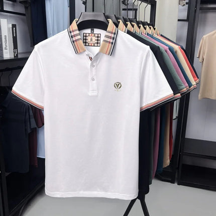 High quality silky cotton short sleeve polo shirt men's luxury brand letter embroidery striped lapel summer breathable T-shirt