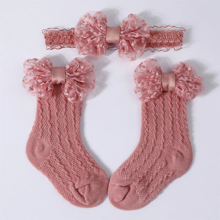 3-12M Newborn Baby Girls Socks Headband Set Cute Breathable Knit Bow Princess Dress Socks for Party, Wedding, Photography
