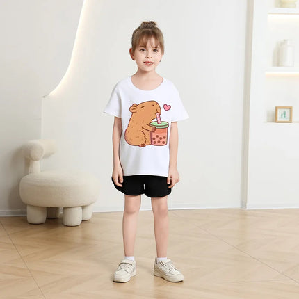 2025 Summer New Cute Animal Kapibala Fashion Printed Children's T-shirt Short Sleeve Fashion Pure Cotton Children's Clothing