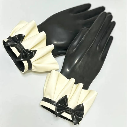 Sexy Black Fetish Latex Gloves Wrist Length with Lace and Bow