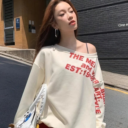Y2k Sexy Oversize T shirt Women Streetwear Txt Print Long sleeve Basic Top Lady Fall Winter Korean One shoulder Sweat Shirt