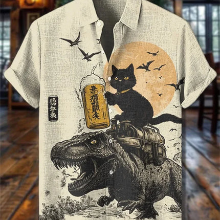Men's Volcano Animal Pattern Linen Shirt Summer Fashion Short Sleeve Button Collar Shirt Hawaii Casual Shirt Top