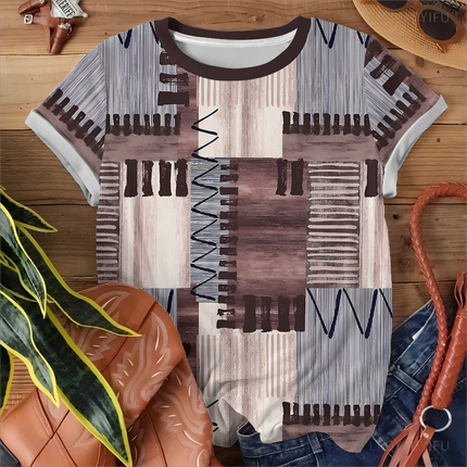 Abstract Brown And Beige Pattern Print Tee for Women – Modern Art-Inspired Casual Summer Short Sleeve Top