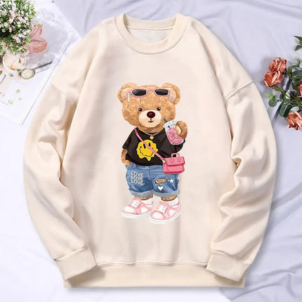 Bear Sister Drinking Milk Tea Printing Women'S Hoody Autumn Warm Fleece Sweatshirt Casual Hoodies Hip Hop Loose Pullovers Top
