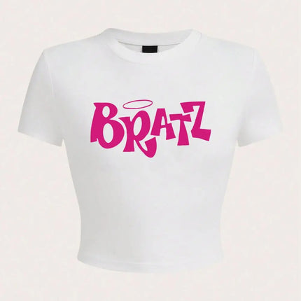 Personality Womens Crop T-Shirt Y2K Pink Bratz Letter Prints Short Sleeve High Elastic Soft O-Neck Tees Sexy Club Female Clothes