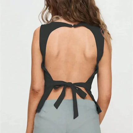 Women's Sexy Solid Color Backless Tank Top for Summer Club Sleeveless Knot Backless Tee Top Streetwear Y2K Clothes 2025