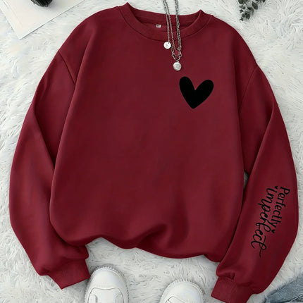 Women Perfectly Imperfect Letter Print Sweatshirt Cute Heart Crew Neck Pullover Casual Soft Fleece Long Sleeve Girls Streetwear
