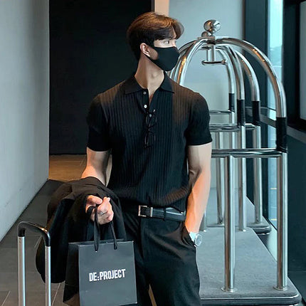 Summer Men's Retro Knitted Lapel Striped Polo Shirt Solid Color Short Sleeve Fashion Light Luxury Popular Knitwear M-3XL