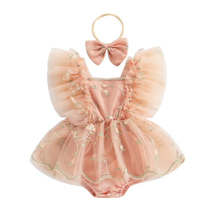 Citgeett Summer Infant Baby Girls Bodysuit Dress Fly Sleeve Floral Embroidery Tulle Jumpsuit Bow Headband Clothes