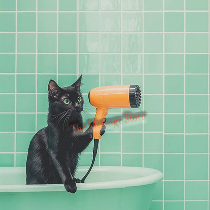 Funny Black Cat Bathroom Retro Mint Color Bathroom Toilet Bathtub Aesthetic Art Poster Canvas Painting Wall Pictures Home Decor
