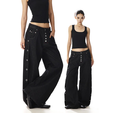 American High Street Black Baggy Jeans Men Women Streetwear Vibe Y2k Loose Breasted Design Wide Leg Denim Scimitar Jeans Pants