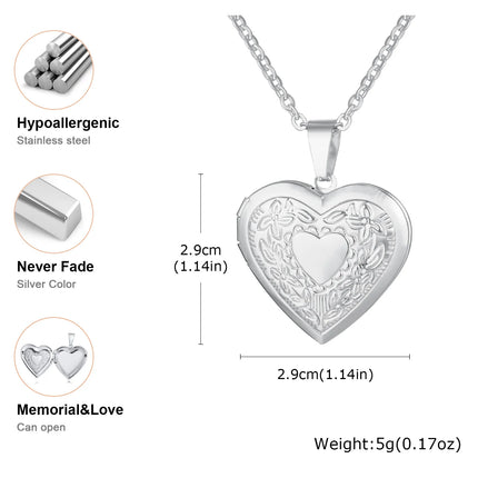 Vnox Never Fade Silver Color Stainless Steel Women Locket Pendant, Openable Heart Pendant Necklaces, Life Tree Floral Collar