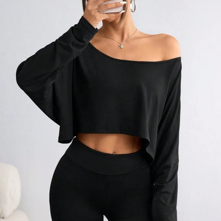 Spring 2025 Women's Loose Collar Base Fashion Crop T-Shirt Long Sleeve Casual Comfortable Line Neckline Solid Short Top