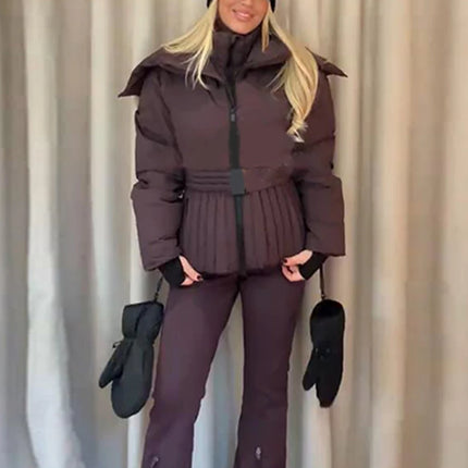 Women Peplum Ski Jackets Hooded Stand Collar Belt Waist Zipper Solid Puffer Jacket Fashion Sheath Warm Sport Winter 2025 Skiwear