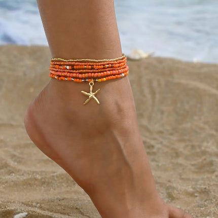 Multilayer Bohemia Rice Bead Anklet Set for Women Fashion Starfish Pendant Anklets Summer Sandy Beach Ankle Chain on Leg Jewelry