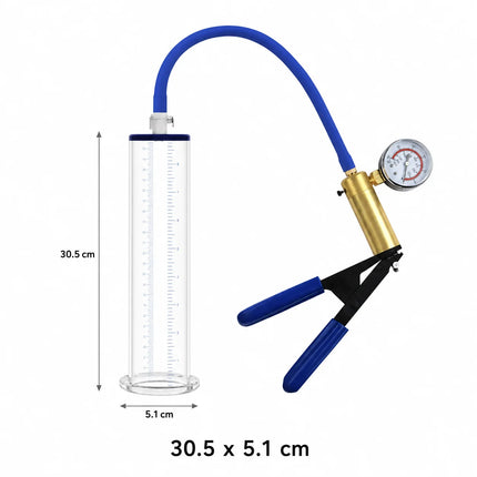 Sex Toys Vacuum Pump Trainer with Clear Acrylic Measuring Cylinder Blue Hose Metal Pressure Gauge and Manual Air Control Handle