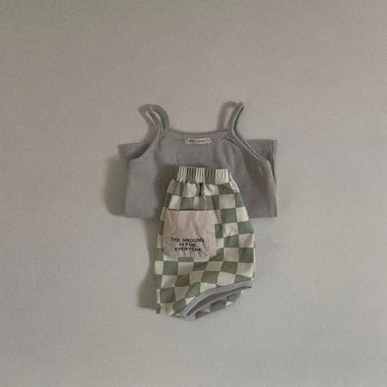 Korean Style Ins Fashion Kids Tank Top & Checkered Shorts Set Boys Girls Summer Lightweight Cotton Clothing New 2025‌