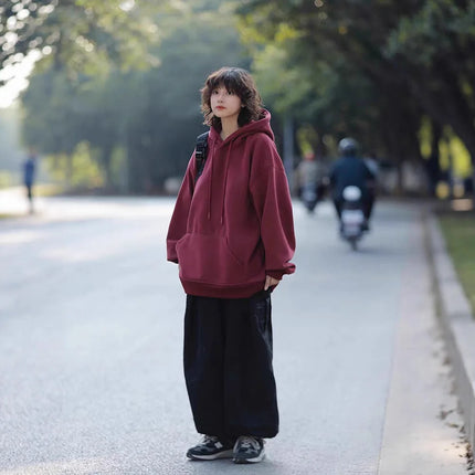 Retro Japanese Style Heavyweight Solid Color Hoodie Unisex Autumn Winter Casual Loose Warm Couple Inner Wear Top Coat
