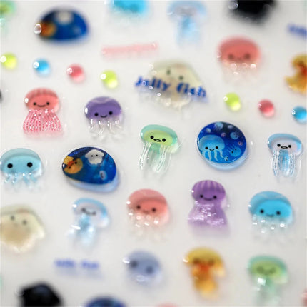 1pcs 5D Kawaii Jelly Series Nail Art Stickers Blue Jellyfish Adhesive Nail Art Decorations Stickers Hot Stamping Manicure Decals