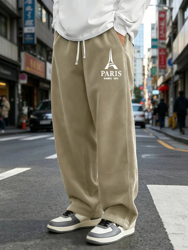 Mens Corduroy Wide Leg Trousers Elastic Drawstring Waist Eiffel Tower Letter Print Loose Straight Casual Street Pants S-4XL