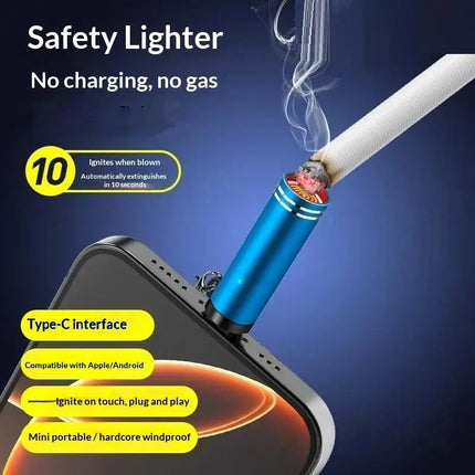 Type-C Safety Air Blowing Lighter Mini Flameless USB Rechargeable Windproof Portable for Camping Hiking Survival Emergency